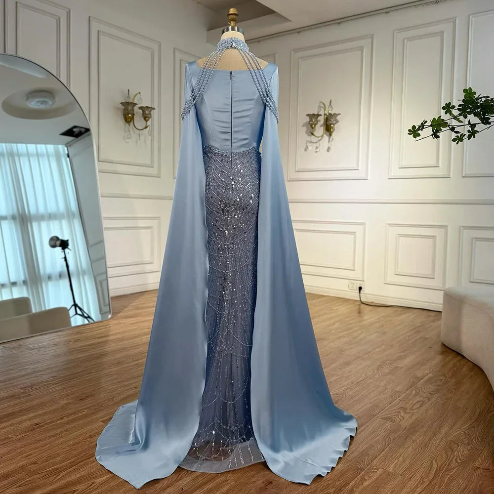 Serene Hill DLA73051 Pearls Beaded Blue Mermaid Evening Dress with Cape 2025 Elagent Party Gowns for Women Customized