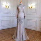Serene Hill Customized Silver Beaded Mermaid Evening Dresses 2025 Full Sleeves Elegant Party Gowns For Women DLA71036