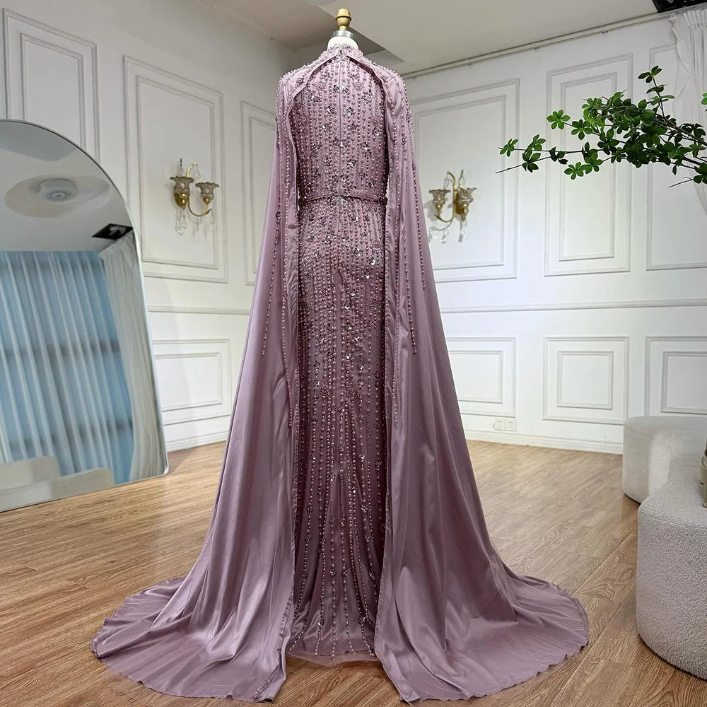 Serene Hill Pink Long Sleeves High Neck Muslim Mermaid Beaded Evening Party Gown Dress with Cape for Women DLA72533 Customized