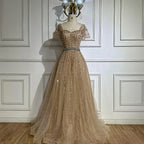 Serene Hill 2025 Customized Dubai Nude A-Line Beaded Backless Evening Dresses Gowns for Wedding Party DLA72834