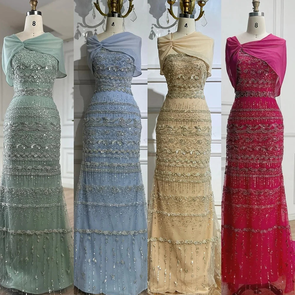 Serene Hill 2026 Customized Nude Mermaid Sleeveless Evening Dress with Long Cape Dubai Wedding Party Gowns for Women DLA72126B