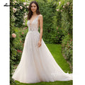 Lakshmigown A Line Plunging V Neck Wedding Dress with Flowy Tulle Skirt for Bridal Reception Elopement Outdoor Street