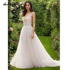 Lakshmigown A Line Plunging V Neck Wedding Dress with Flowy Tulle Skirt for Bridal Reception Elopement Outdoor Street