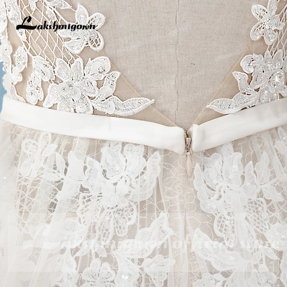 Lakshmigown Bohemian Wedding Dress Vintage Lace Beaded High Neck Tulle Bridal Sexy Wedding Gowns Vestidos Noivas