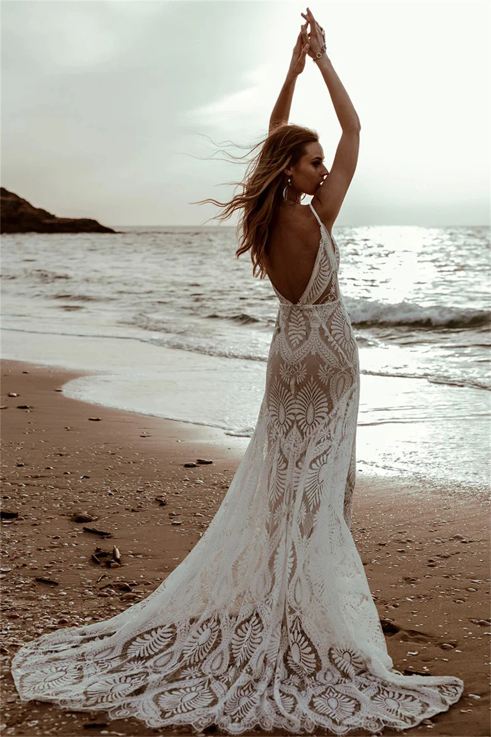 Customized Bohemian Lace Wedding Dress Deep V Neck Mermaid Gown Bridal Dress Sheer Panel Train Wedding Occasion Gown