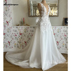 Lakshmigown Deep V Neck Lace Flowers Wedding Dress for Women with Bow Beach A Line Court Trian Wedding Gowns Customized