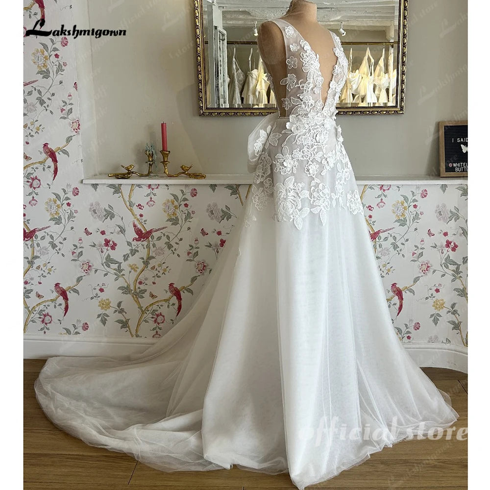 Lakshmigown Deep V Neck Lace Flowers Wedding Dress for Women with Bow Beach A Line Court Trian Wedding Gowns Customized