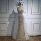 Serene Hill White Nude V-neck Sleeveless Mermaid Beaded Evening Dress with Overskirt Wedding Party Gowns DLA72253A Customized