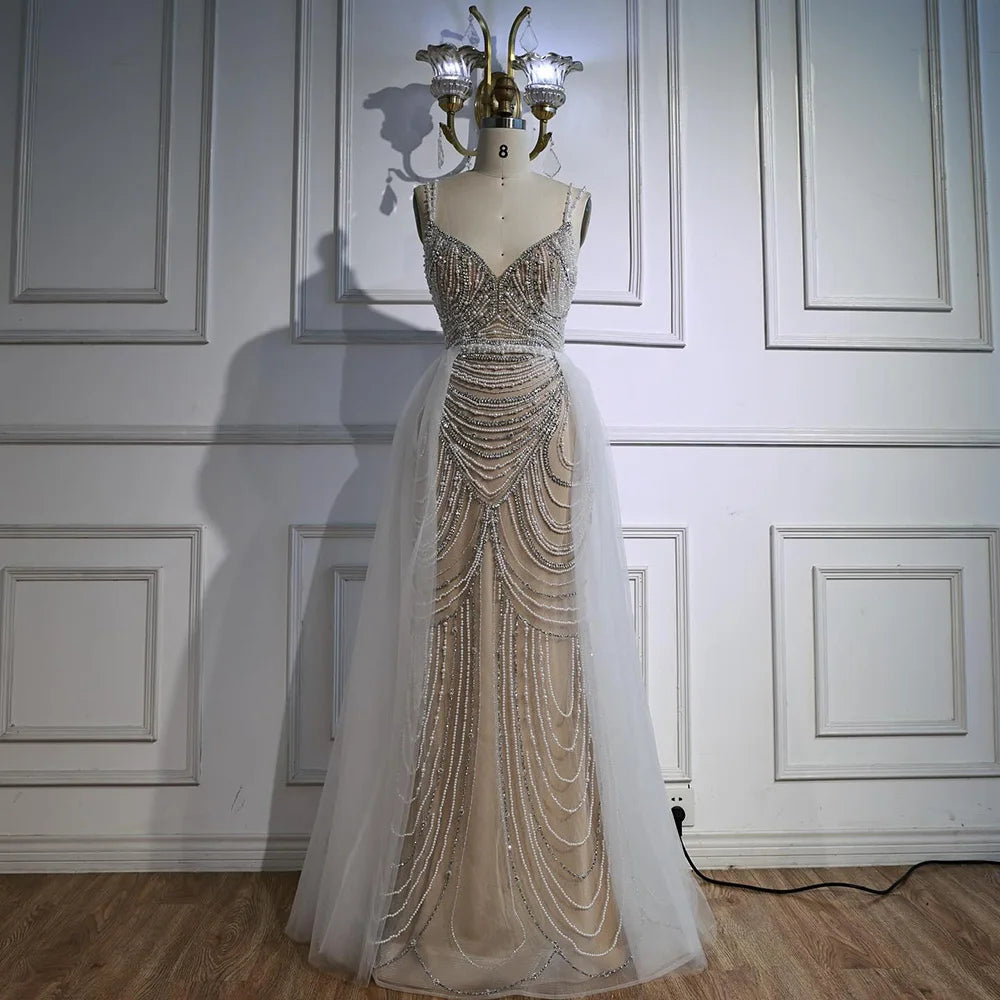 Serene Hill White Nude V-neck Sleeveless Mermaid Beaded Evening Dress with Overskirt Wedding Party Gowns DLA72253A Customized