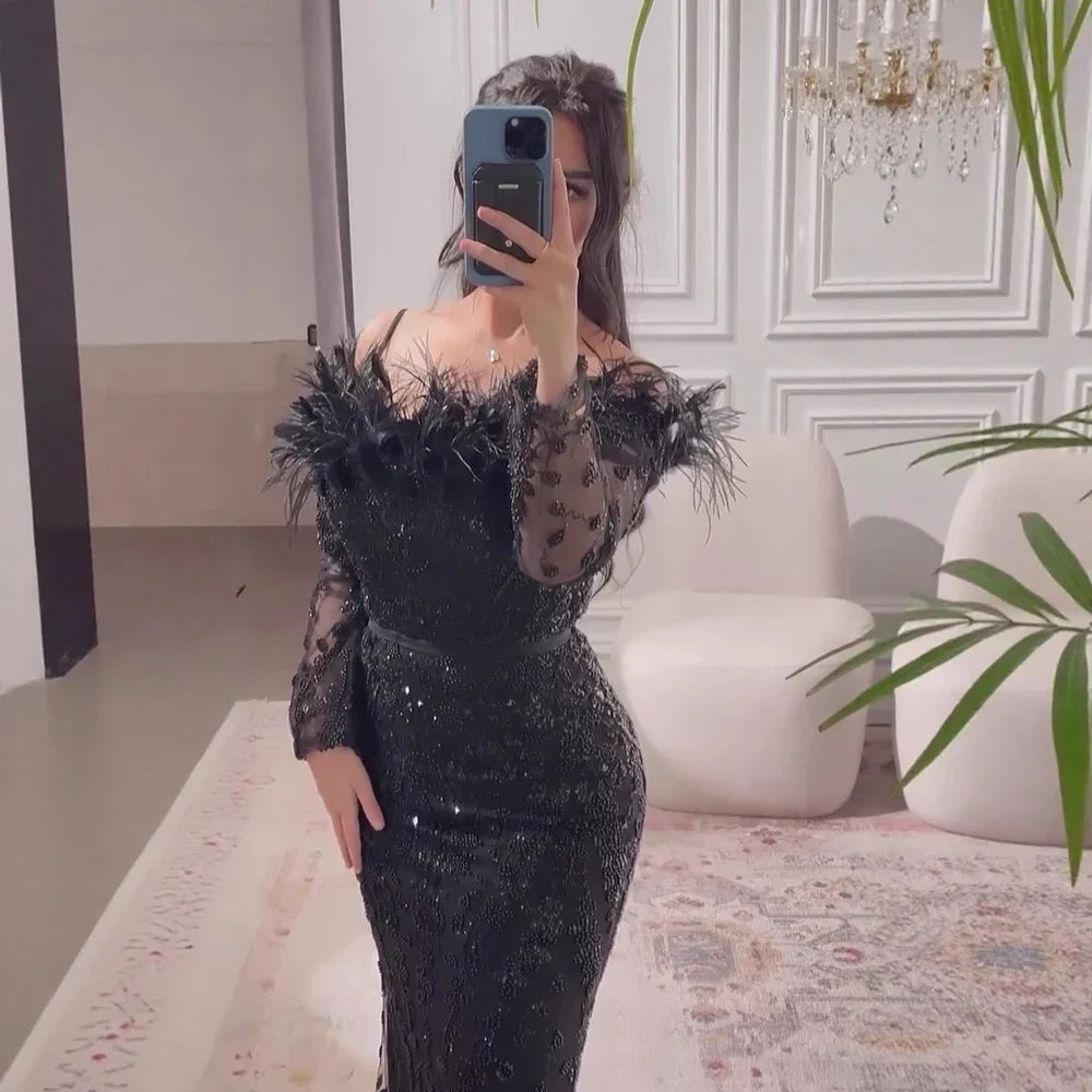 Abito da Sera di Lusso Dubai Verde Maniche Lunghe Piume Perline LA72553