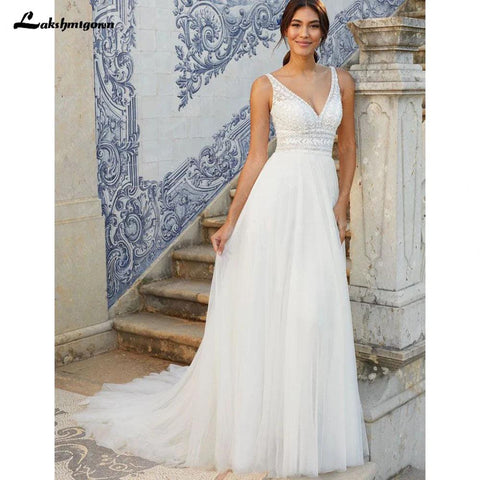 NumberSea Damen A-Linie Brautkleid Boho Vestidos de Fiesta de Noche Tüll Strand Brautkleid Robe Brautkleid 