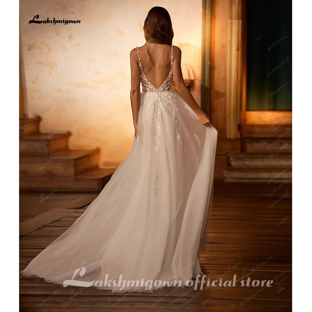 Lakshmigown V Neck Spaghetti Straps Beach Wedding Dresses For Women 2026 Beads Lace Shinny Boho Bridal Party Gown Customized