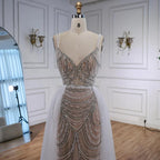 Serene Hill White Nude V-neck Sleeveless Mermaid Beaded Evening Dress with Overskirt Wedding Party Gowns DLA72253A Customized