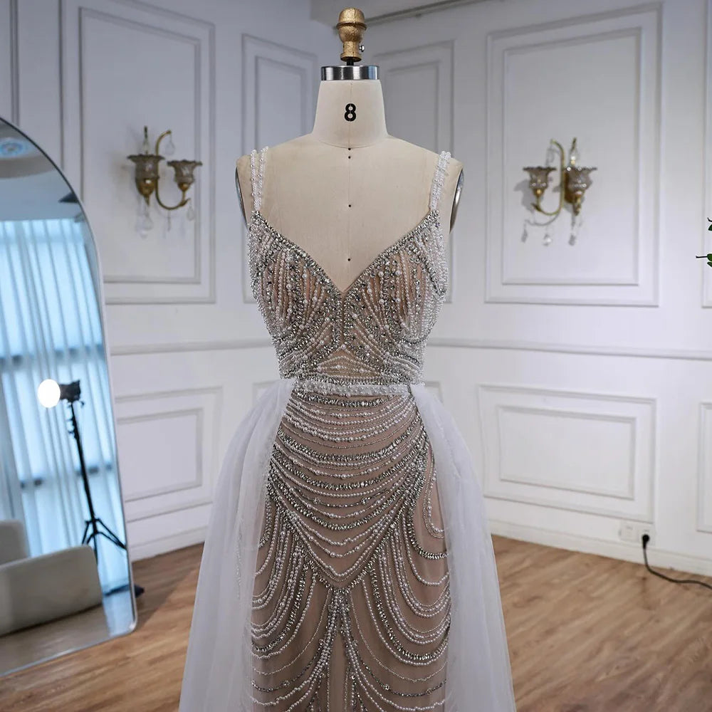 Serene Hill White Nude V-neck Sleeveless Mermaid Beaded Evening Dress with Overskirt Wedding Party Gowns DLA72253A Customized