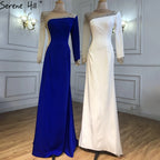 Serene Hill Customized White Satin Long Sleeve Mermaid Simple Beaded Evening Dress Party Gowns For Women Bridal Shower DLA71152