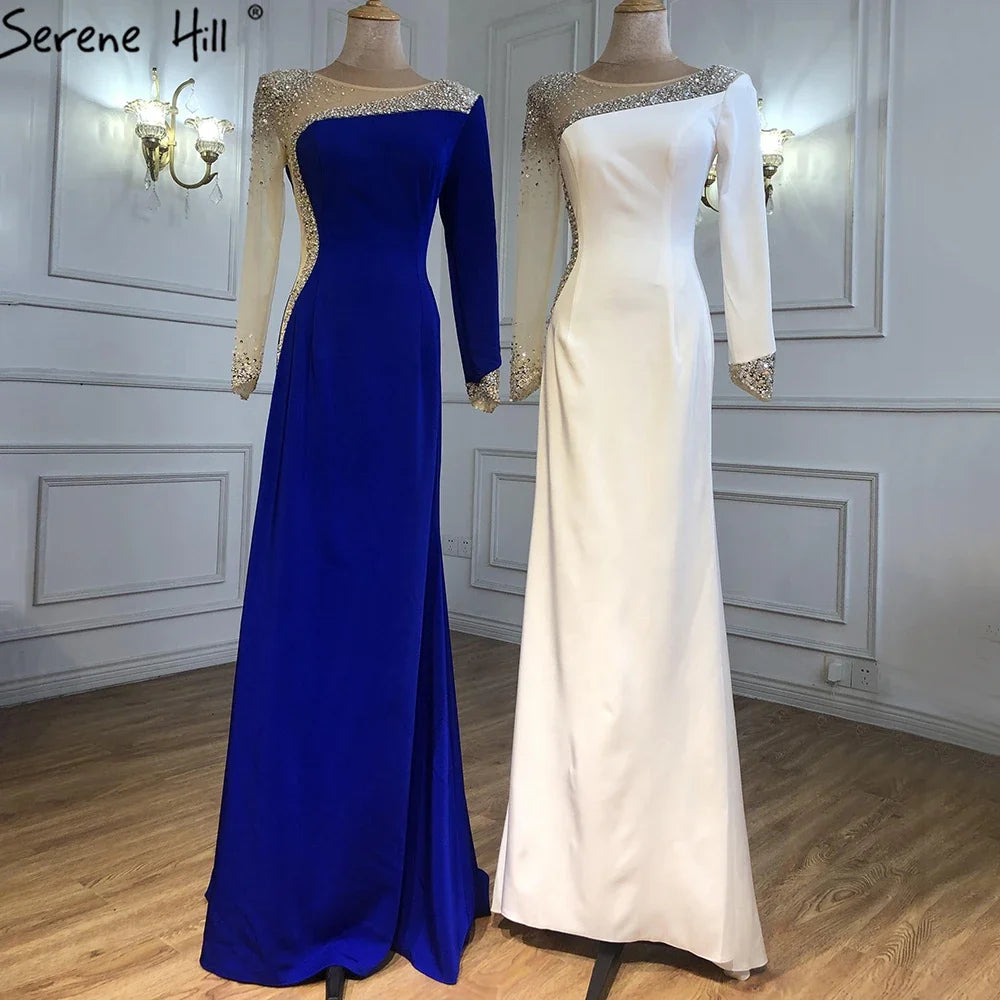 Serene Hill Customized White Satin Long Sleeve Mermaid Simple Beaded Evening Dress Party Gowns For Women Bridal Shower DLA71152