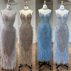 Serene Hill Customized White Nude Mermaid Beaded Feather Evening Gowns 2026 Wedding Party Prom Dresses For Women DLA72047