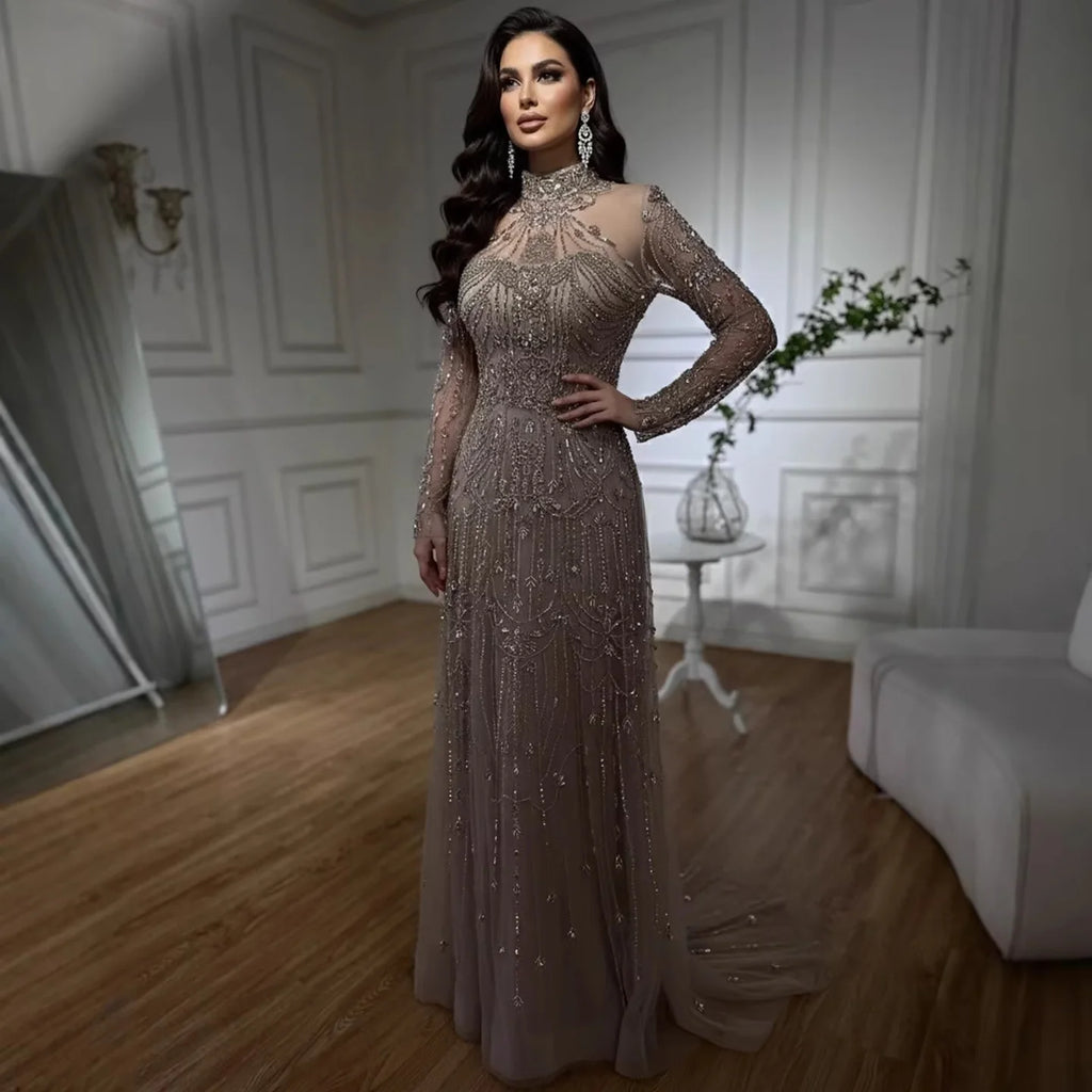 Serene Hill Caramel A-Line Long Sleeves Muslim Evening Gowns Luxury Beaded Party Dress for Women 2025 Customized DLA72704
