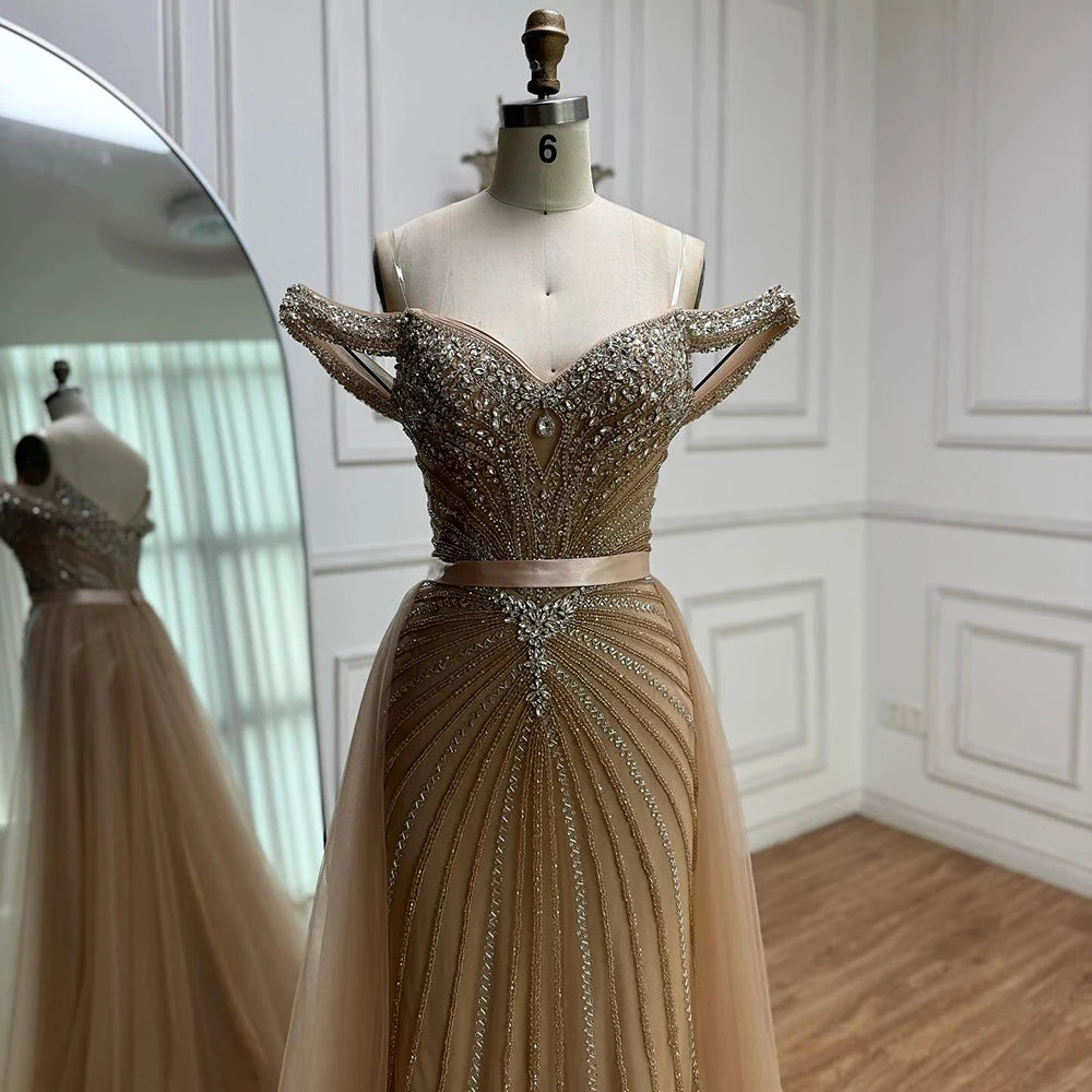 Serene Hill 2026 Nude Luxury Beaded Mermaid Off Shoulder Evening Dress Formal Party Gowns for Women Customized DLA73128