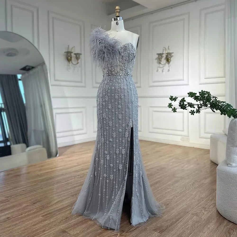 Serene Hill Gray Mermaid One Shoulder High Split Beaded Feather Evening Dress Party Gowns for Women DLA72347 Customized