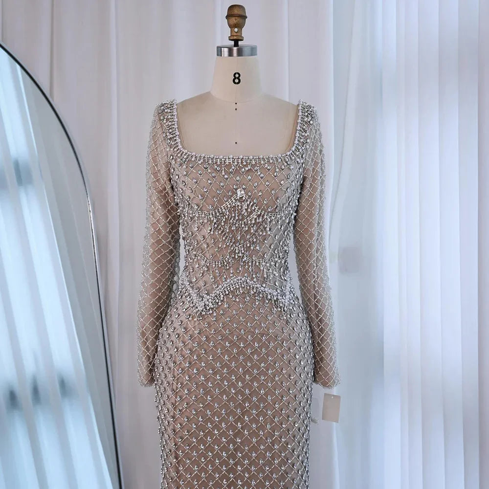 Elegant Beaded Pearl Mermaid Evening Dress with Long Sleeves for Wedding Occasion Serene Hill 2025 Customized DLA72919A