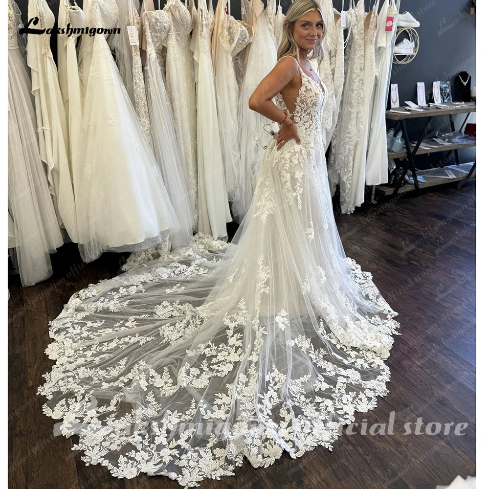 Lakshmigown Luxury Beading Lace Boho Wedding Dress Spaghetti Straps Rincess Bridal A Line Beach Summer Wedding Gown Customized