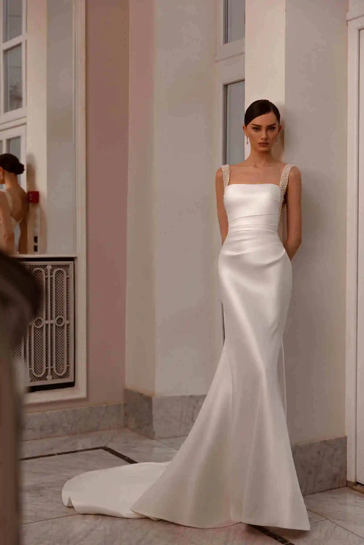 Lakshmigown Customized Elegant Satin Square Collar 2 In 1 Mermaid Wedding Dresses Beading Pearls Lace Sleeveless Bridal Gown
