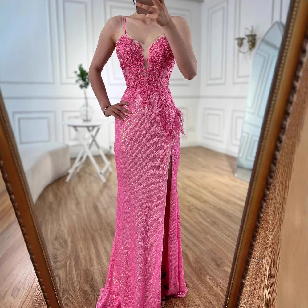 Abito da Ballo Sirena Lusso Rosa Piume Perline con Spacco LA72987