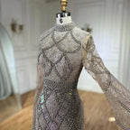 Serene Hill Customized Muslim Gray Mermaid Cape Sleeve Beaded Evening Dress Dubai Elegant Party Gowns 2025 for Women DLA72316
