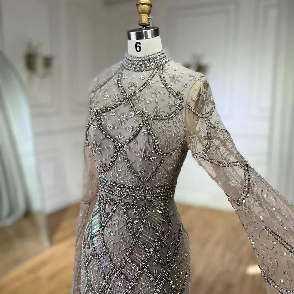 Serene Hill Customized Muslim Gray Mermaid Cape Sleeve Beaded Evening Dress Dubai Elegant Party Gowns 2025 for Women DLA72316