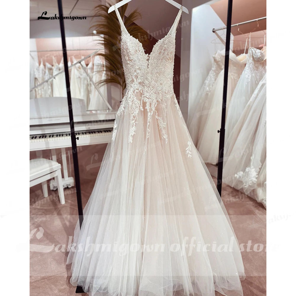 Lakshmigown Sexy Beach Wedding Dresses Illusion Appliques Boho Bride Dresses Open Back A-Line Tulle Bridal Gowns Robe De Mariee