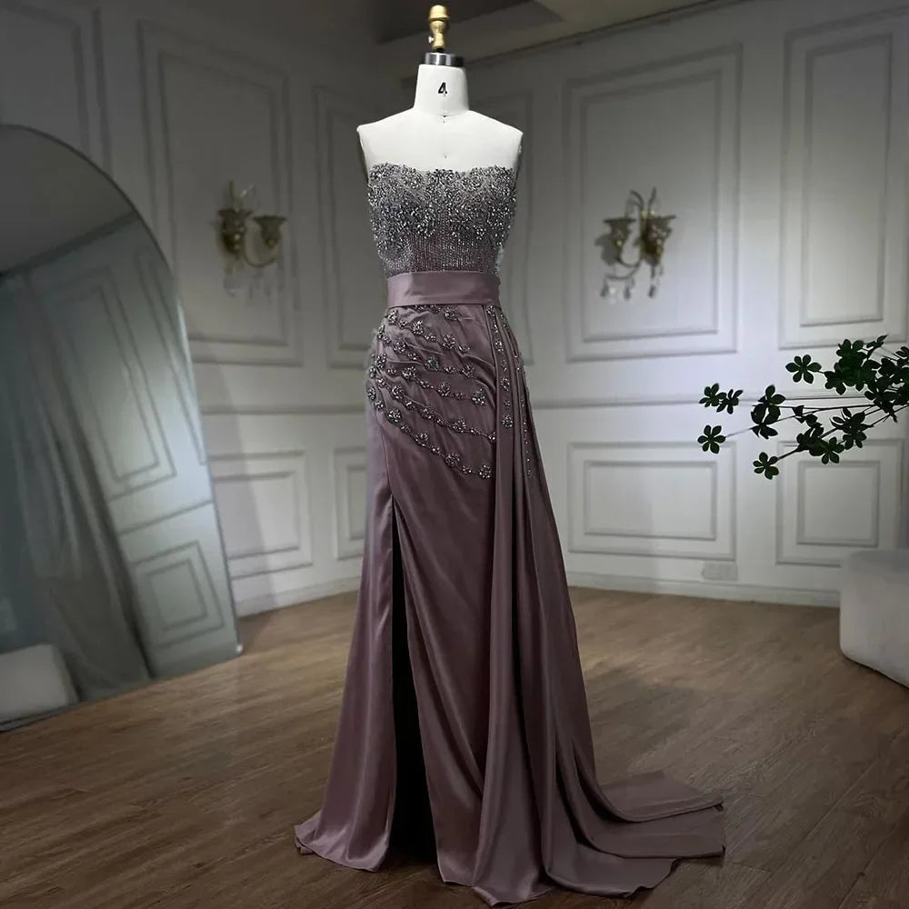 Serene Hill Customized Nude Strapless Mermaid High Split Evening Dresses with Skirt Beaded Party Gowns For Women 2025 DLA72135