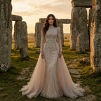 Serene Hill Nude Muslim High Neck Mermaid Evening Gowns 2026 Long Sleeves Overskirt Party Dress for Women DLA73203A Customized