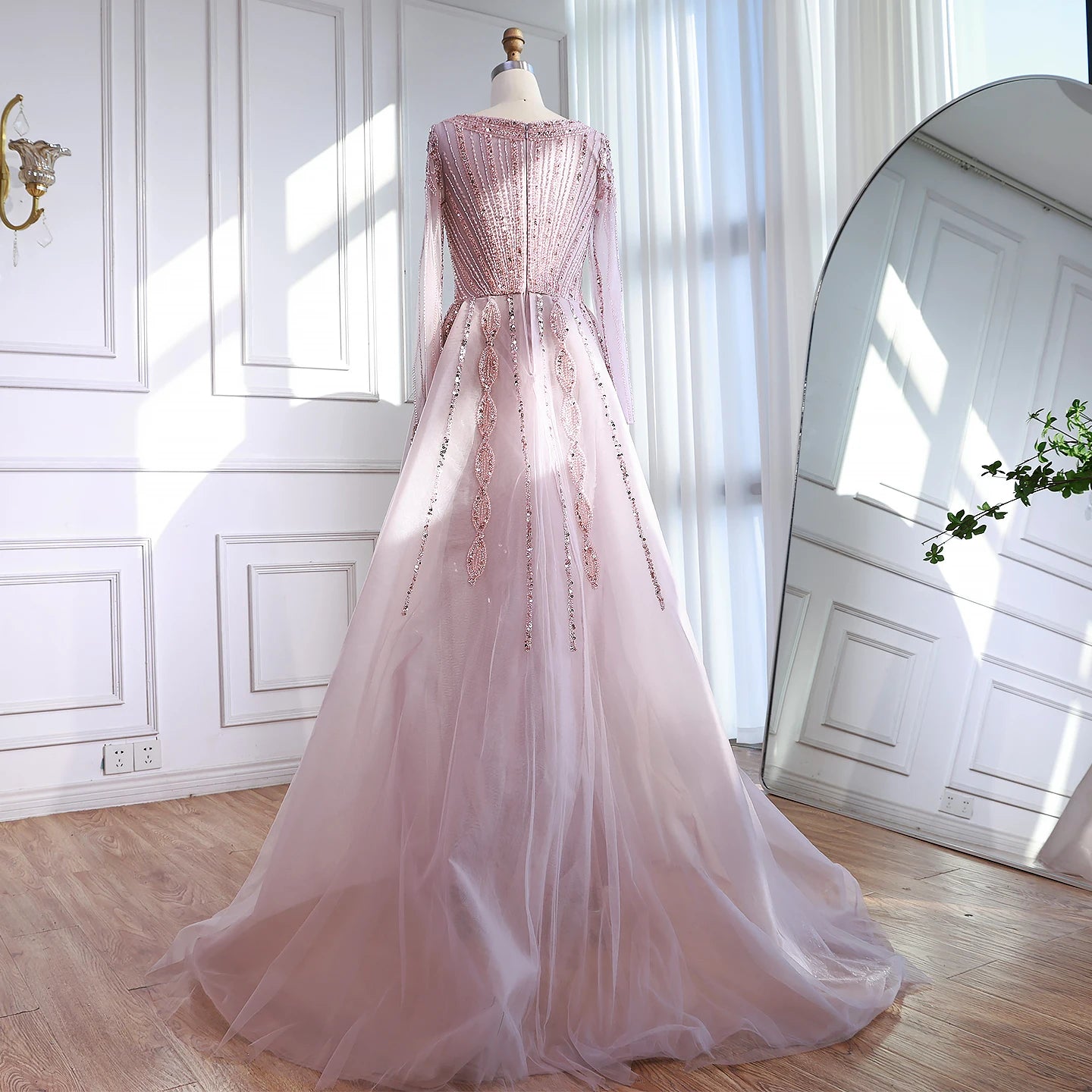 Serene Hill Black Long Sleeves Luxury Beaded Evening Dress Overskirt Formal Party Gowns for Women DLA73198 Customized