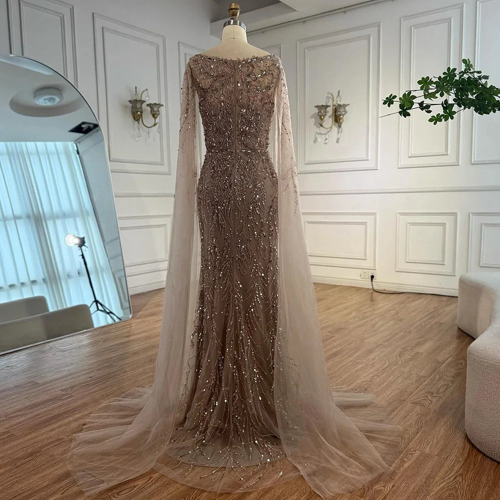 Serene Hill Customized Caramel O-Neck Mermaid Evening Dress with Cape Sleeve 2026 Wedding Party Gowns for Women DLA71804