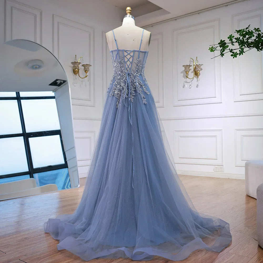 Abito da Ballo Sfarzoso in Tulle Grigio a Linea A con Applicazioni Floreali LA73015