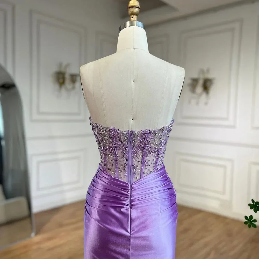 Serene Hill Customized Lilac Satin Split Strapless Mermaid Evening Dresses Beaded Party Gowns for Women Bridesmaid DLA72329