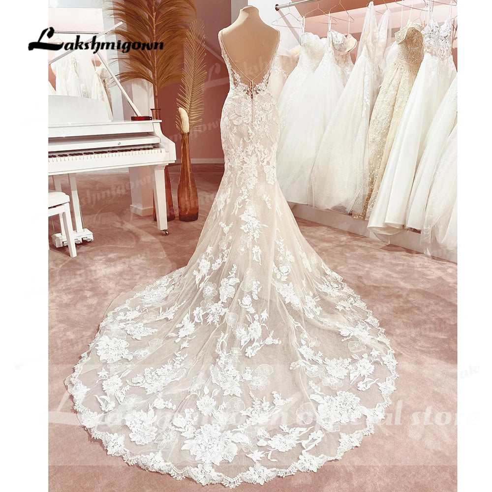 Lakshmigown Spaghetti Straps Floral Lace Mermaid Wedding Dress Vestido Novia V Neck Civil Bridal Boho Wedding Gowns Customized