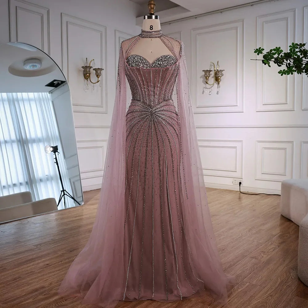 Luxury Nude Elegant Evening Gown Beaded Dress with Cape Sleeves for Formal Party Wear Serene Hill DLA72811A Customized