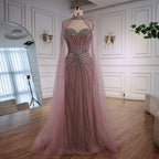 Luxury Nude Elegant Evening Gown Beaded Dress with Cape Sleeves for Formal Party Wear Serene Hill DLA72811A Customized