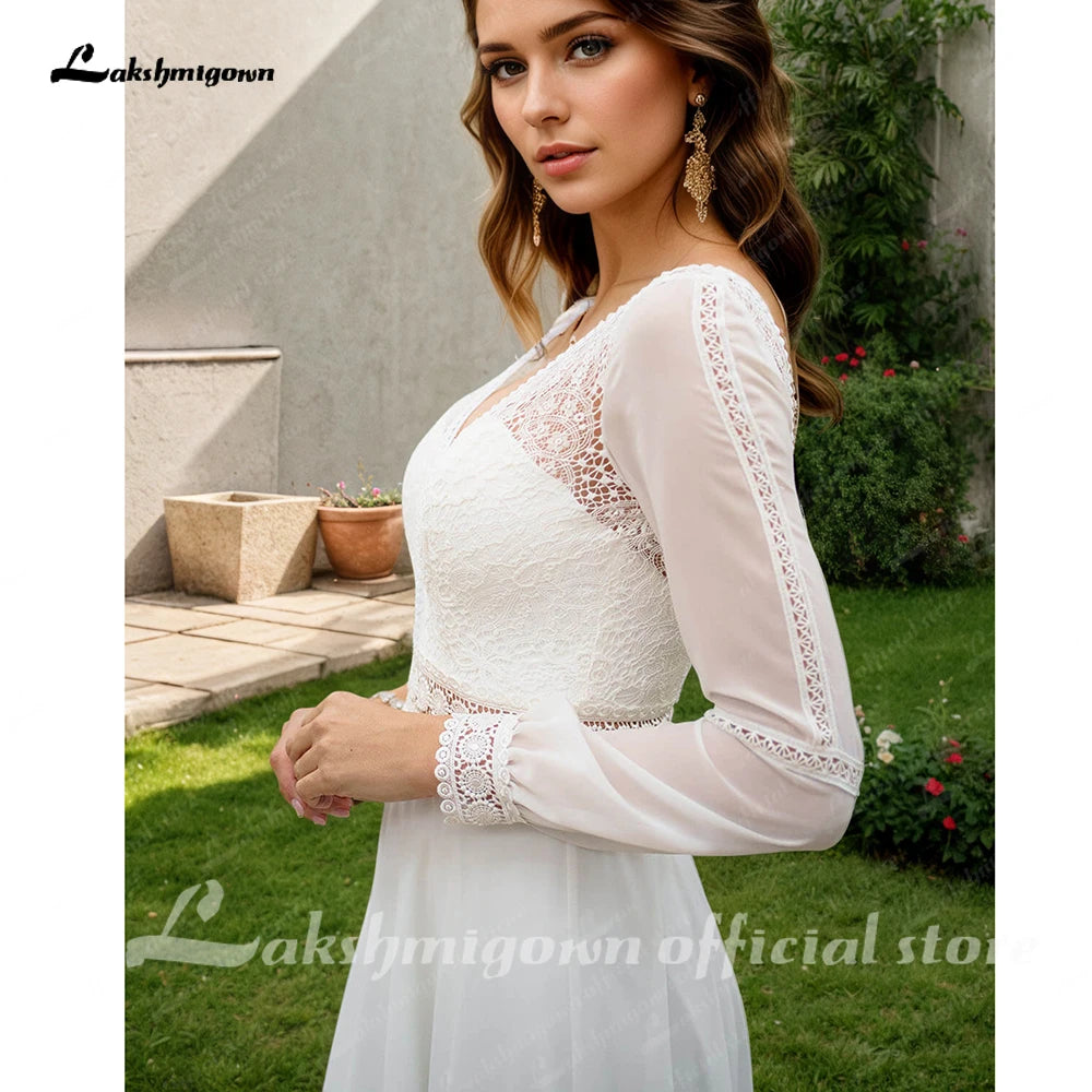Lakshmigown Vestidos Puffy Chiffon Long Sleeve Boho Wedding Dress for Women 2026 Plus Size Bridal Beach Wedding Gowns Customized