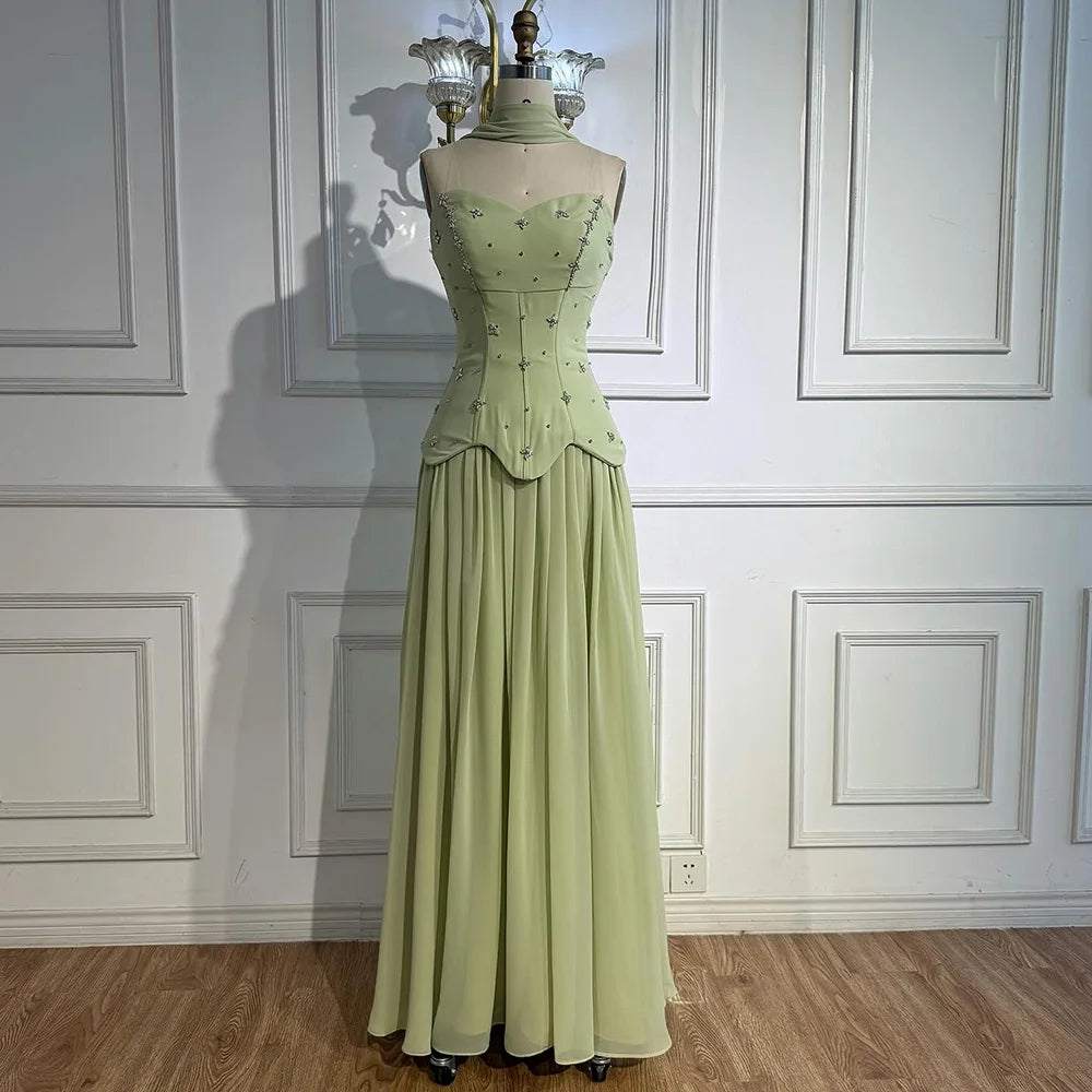 Elegante Verde Salvia   Abito da Sera a Linea A in Chiffon LA73073