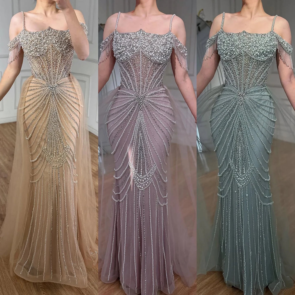 Serene Hill 2026 Mermaid Evening Gowns Pearl Beaded Tassel Formal Party Dresses for Wedding Guest DLA73148B Customized