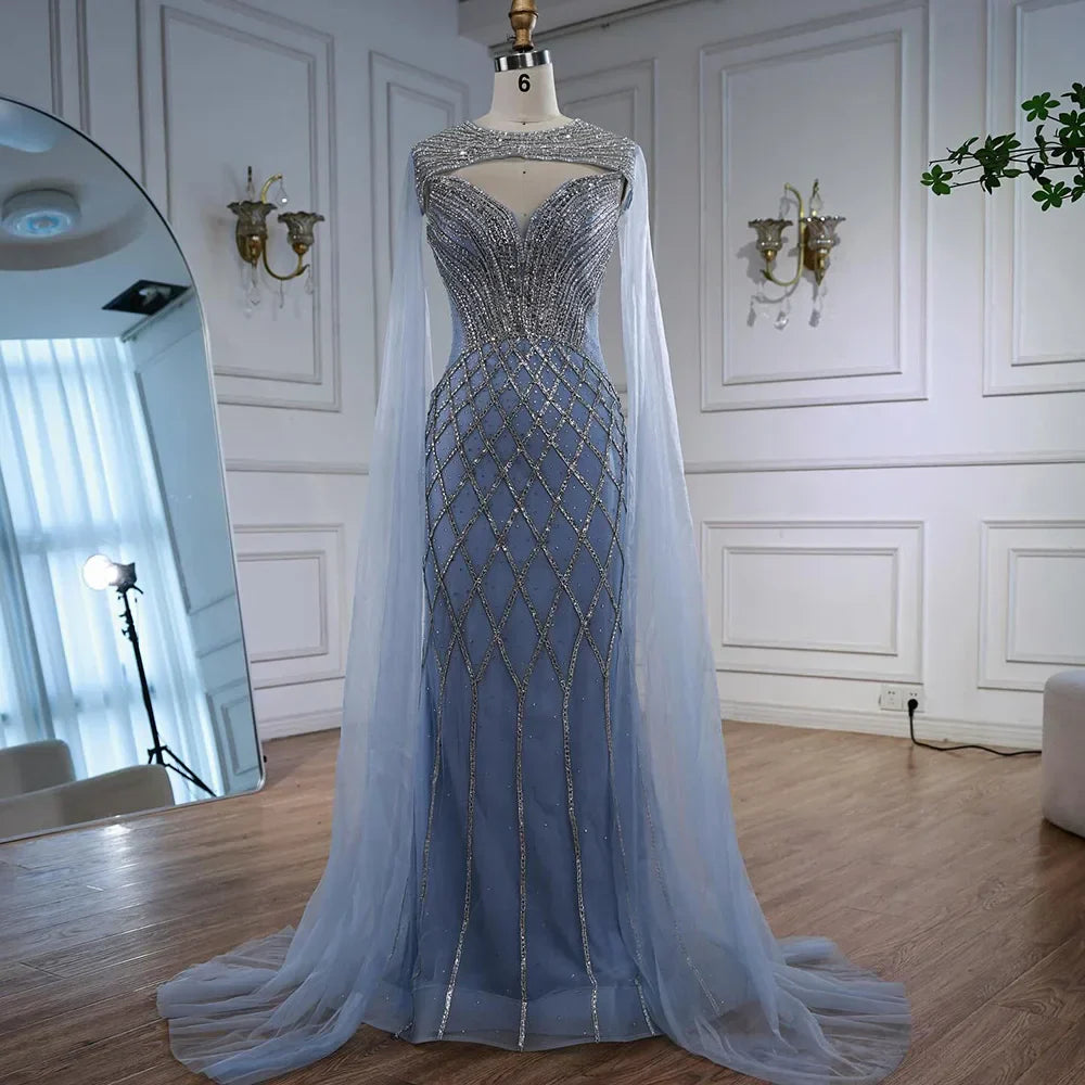 Abito da sera sirena con perline e mantella color nude lussuoso LA72814