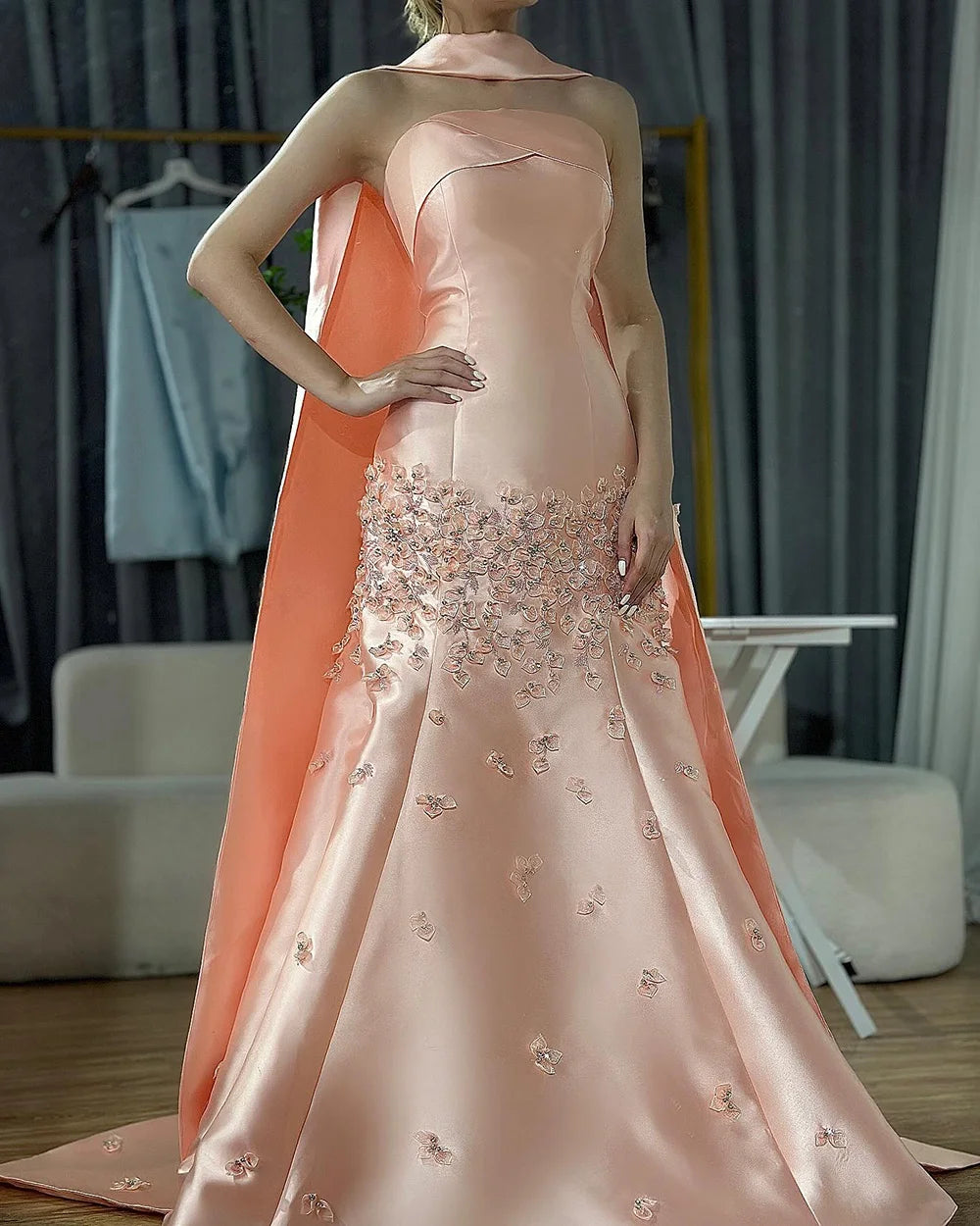 Serene Hil Baby Blue Satin Mermaid Dubai Evening Dress Appliques Formal Party Gowns for Women DLA72483A Customized