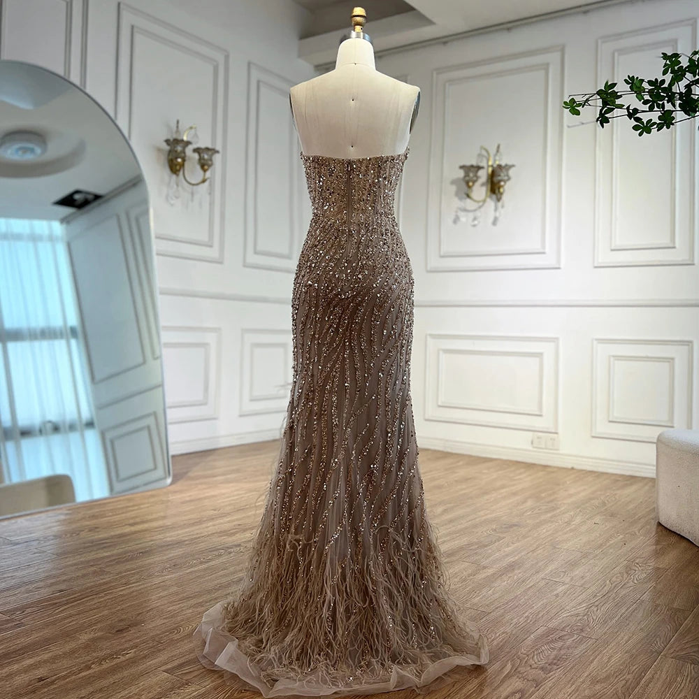 Serene Hill Customized 2025 Strapless Blue Luxury Beaded Feathers Slit Open Evening Party Gowns for Women DLA72695