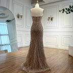 Serene Hill Customized 2025 Strapless Blue Luxury Beaded Feathers Slit Open Evening Party Gowns for Women DLA72695