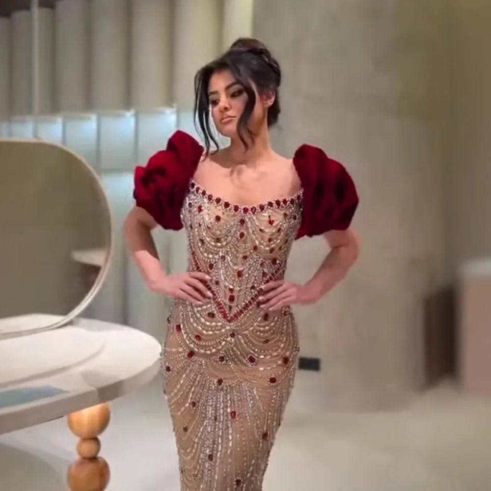 Luxury Beaded Evening Dresses with Elegant Puff Sleeves Pearl Beaded Adorned Design Serene Hill DLA72903 Customized