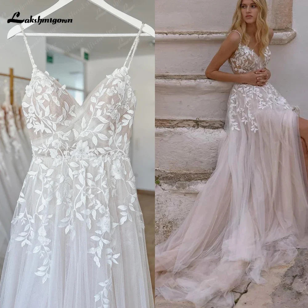 Lakshmigown Summer Split Side Lace Appliques V Neck Wedding Dress for Women Spaghetti Straps Bridal Gown Abito Da Sposa