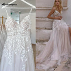 Lakshmigown Summer Split Side Lace Appliques V Neck Wedding Dress for Women Spaghetti Straps Bridal Gown Abito Da Sposa